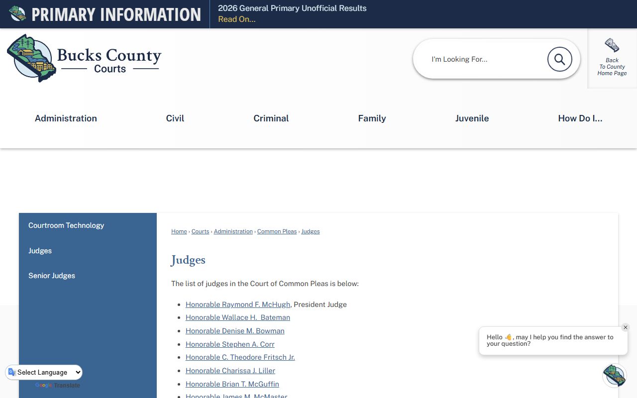 Bucks County Court of Common Pleas judges list for court records