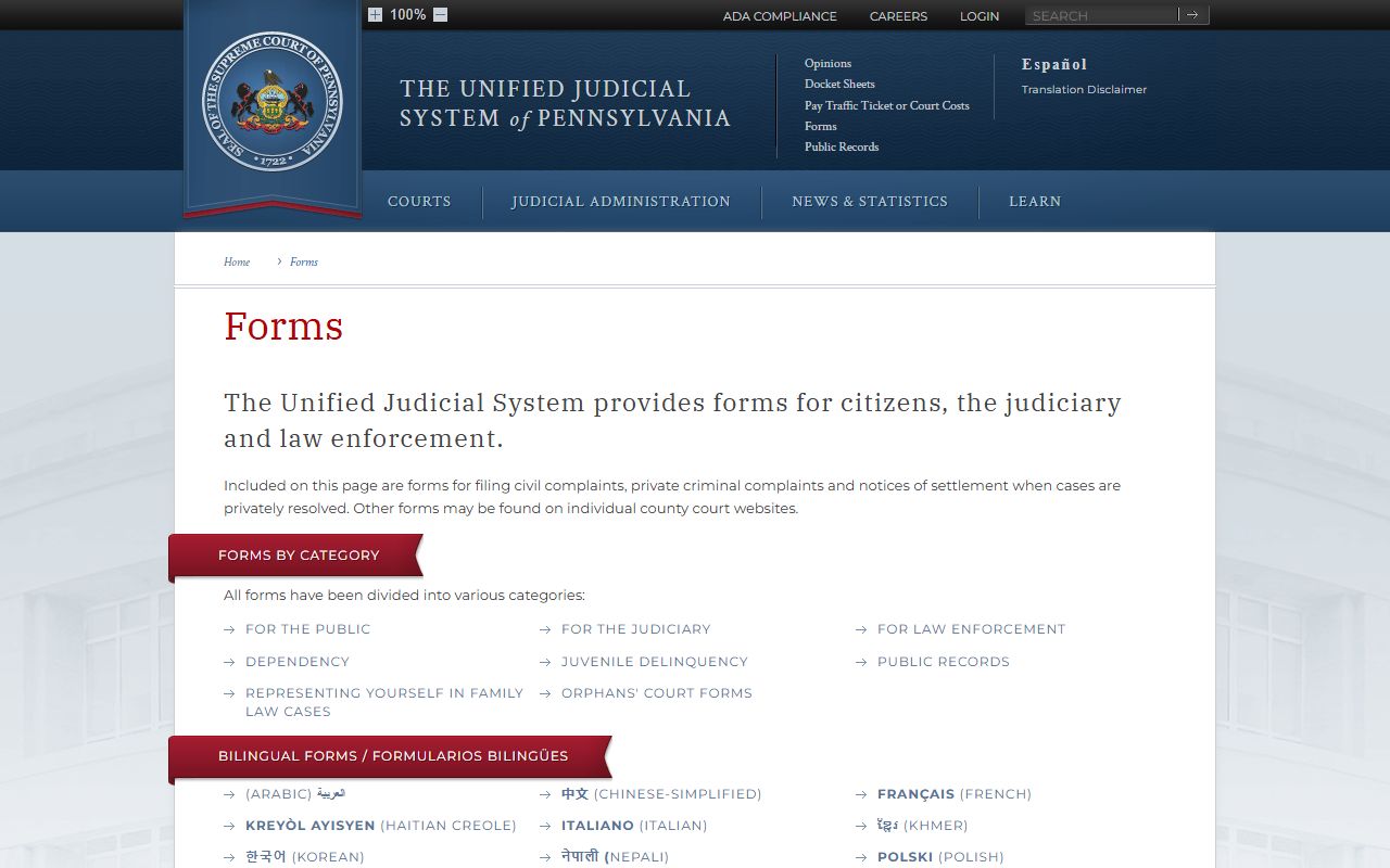 Pennsylvania courts forms library for Bucks County court records