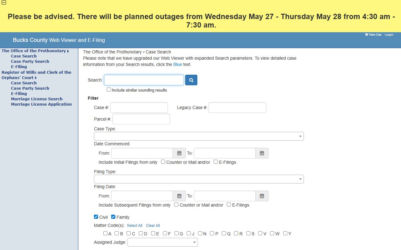 Bucks County public case search Web Viewer for court records