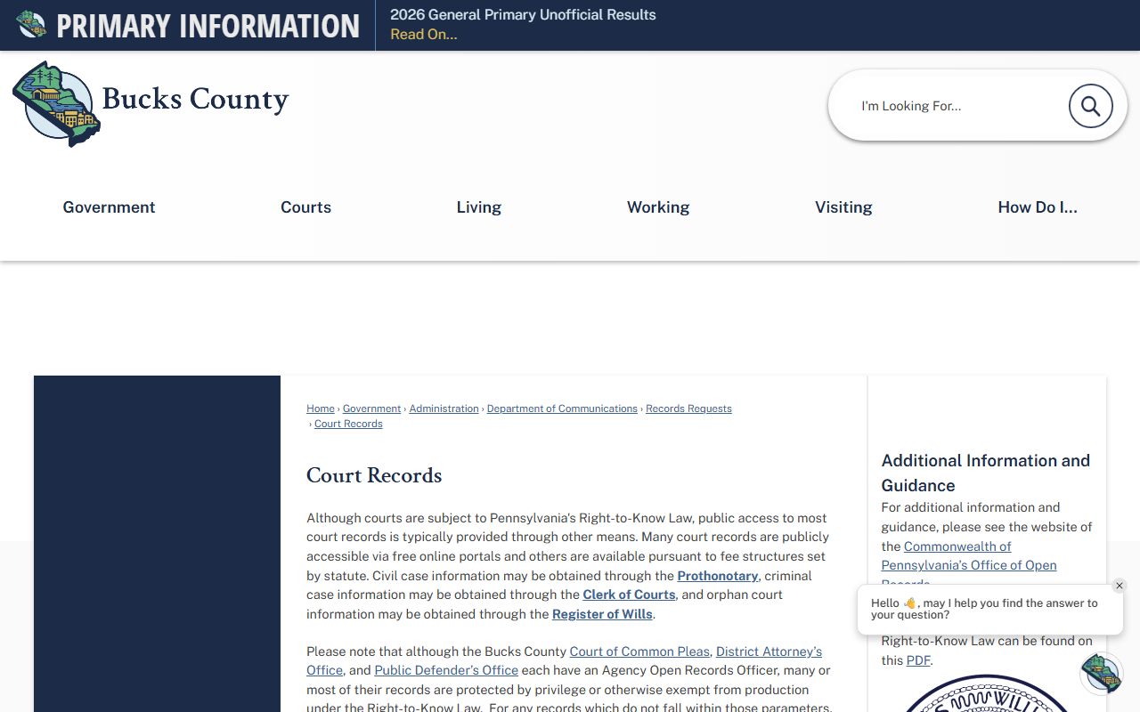 Bucks County court records guidance page for case search