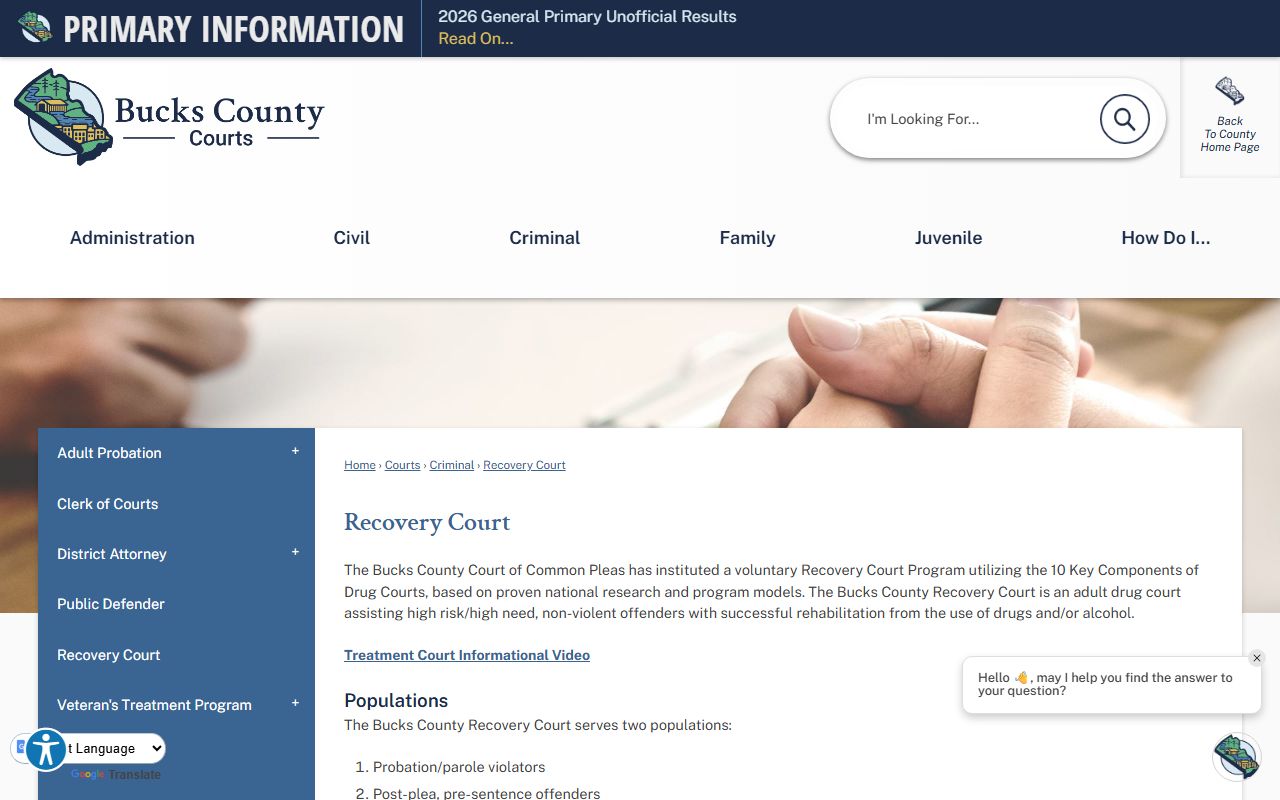 Bucks County Recovery Court diversion program for criminal case records