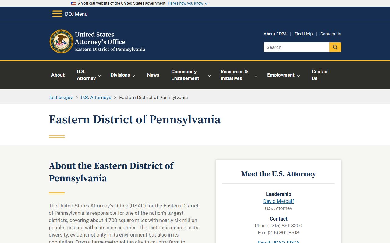 U.S. Attorney for the Eastern District of Pennsylvania, source of federal cases for Bucks County released inmates