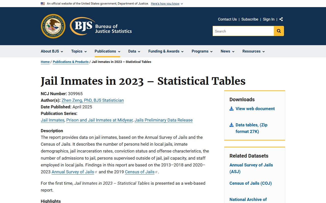 Bureau of Justice Statistics jail inmate tables used for Bucks County jail population context