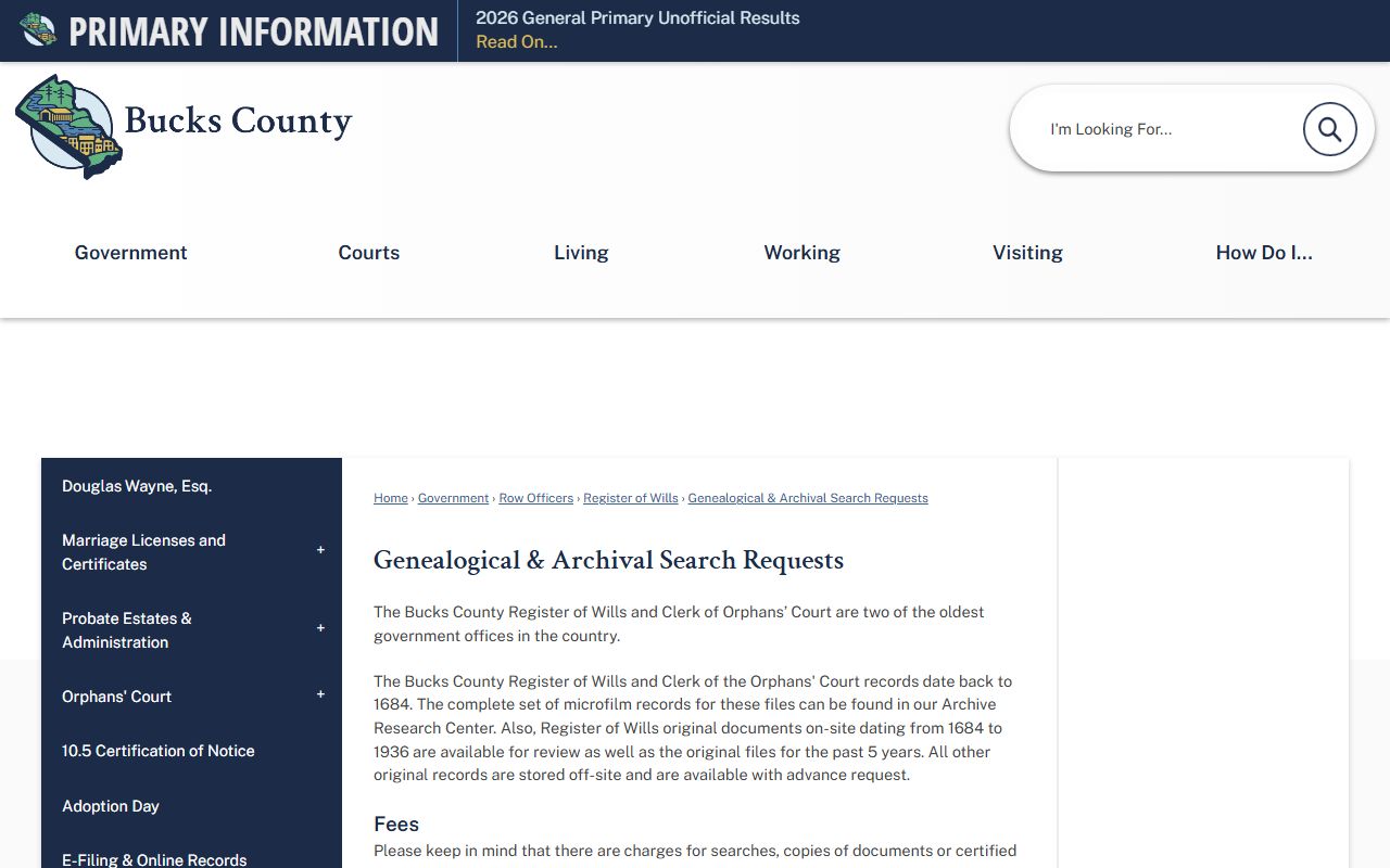 Bucks County Register of Wills genealogical and probate archives search request page