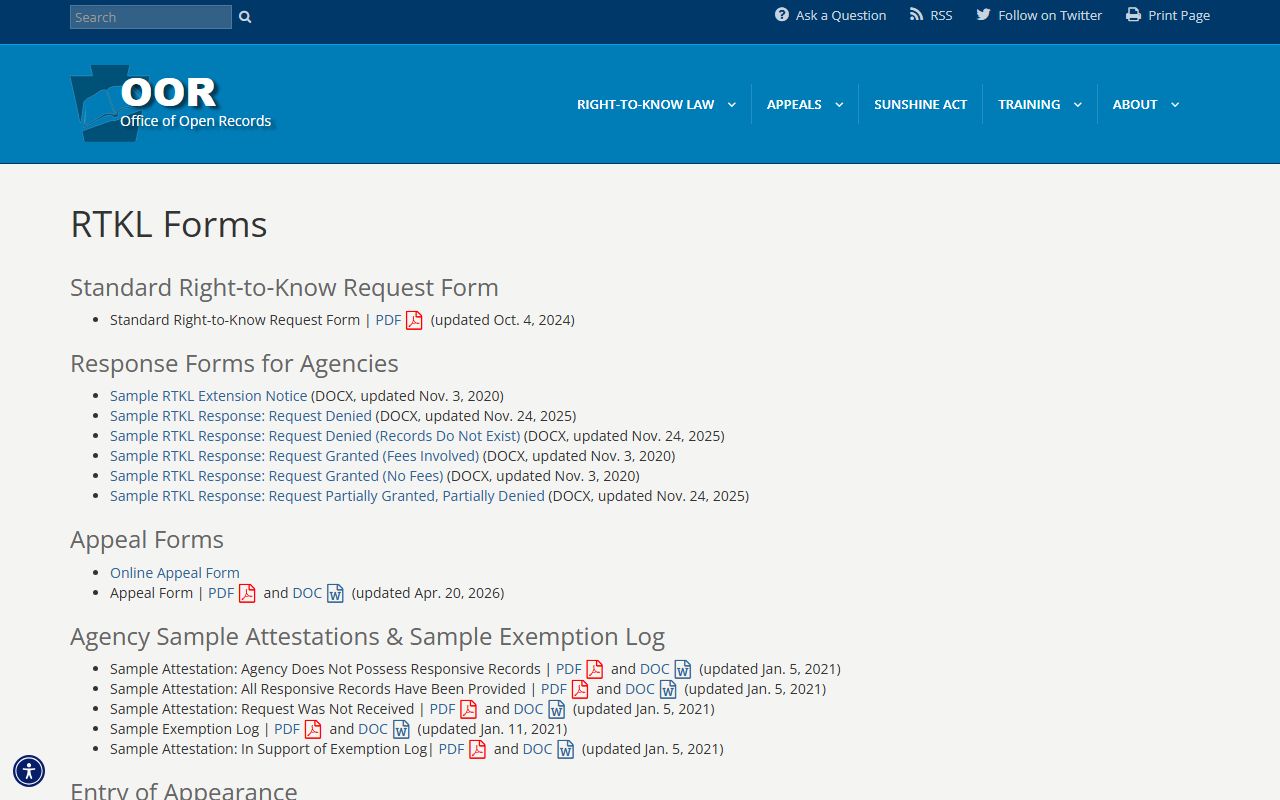 Pennsylvania Right-to-Know request forms for Bucks County public records
