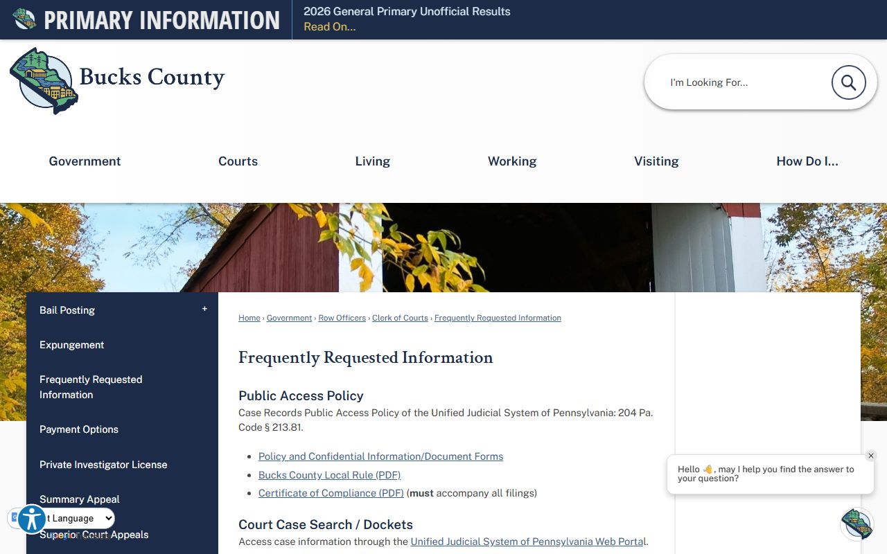 Bucks County Clerk of Courts frequently requested criminal records information