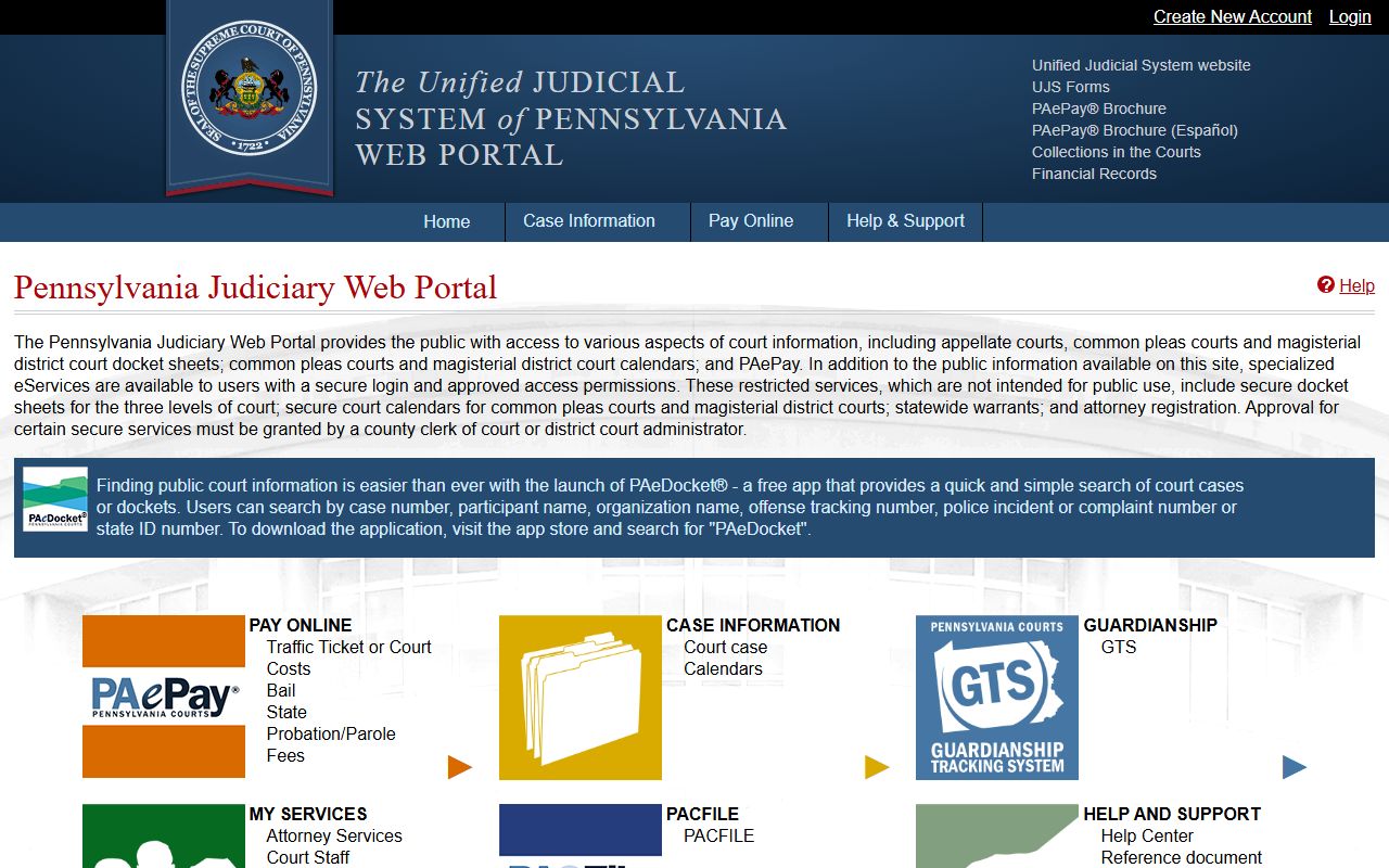 Find Bucks County court docket sheets through the Pennsylvania Judiciary Web Portal