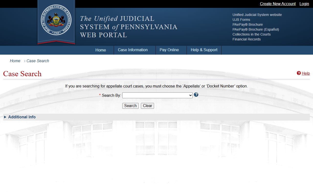 Search Bucks County court dockets through the Pennsylvania UJS Case Search portal
